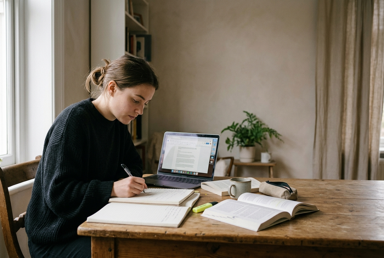 A student works at a desk by a window with a laptop and notebook